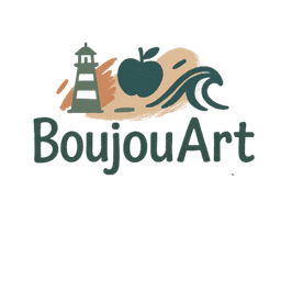 Logo de la boutique BoujouArt : une illustration stylisée représentant un phare, une pomme et une vague sur fond beige, accompagnée du nom "BoujouArt" écrit en lettres arrondies vert foncé. Ce logo évoque la Normandie à travers ses symboles emblématiques – la mer, le terroir et le patrimoine local.